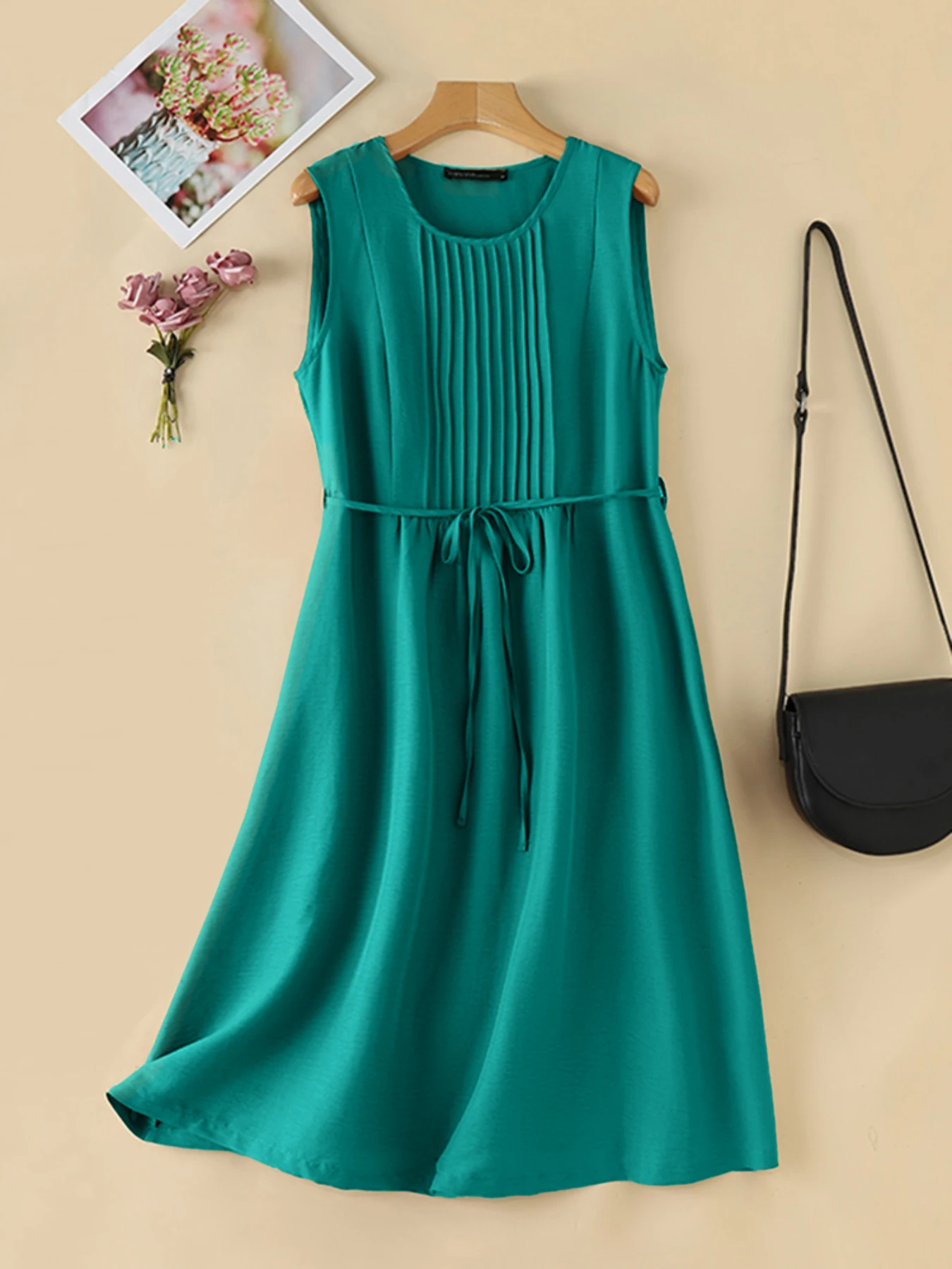 ZANZEA 2025 فستان نسائي صيفي برقبة دائرية على شكل حرف a ميدي فستان كوري غير رسمي بدون أكمام فستان صيفي غير رسمي بطيات متينة بدون أكمام #3