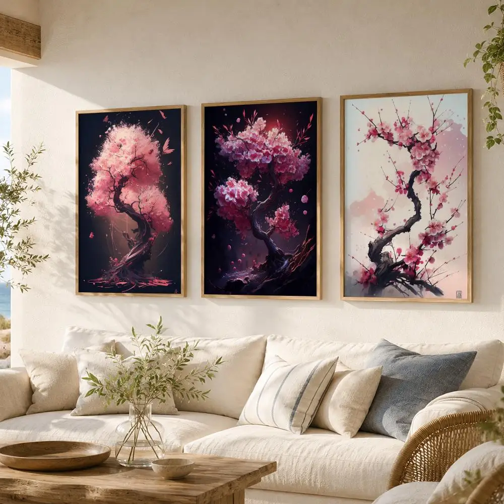 Japanese Sakura Painting Calligraphy Canvas Poster Art for Bedroom Living Room Home Decor Wall Decoration Decals Gift