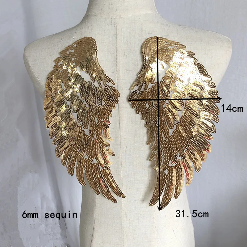 1Pair Gold Black Silver Angel Sequin Wings Embroidery Patch Applique Stick Iron On Clothes T-shirt  Jacket Decor Accessory DIY