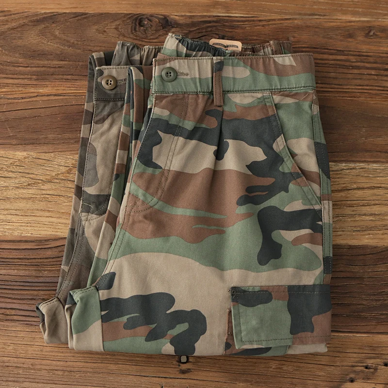 2024 Autumn New American Rerto Woven Twill Camouflage Cargo Pants Men's 100% Cotton Washed Straight Casual Multi Pocket Trousers