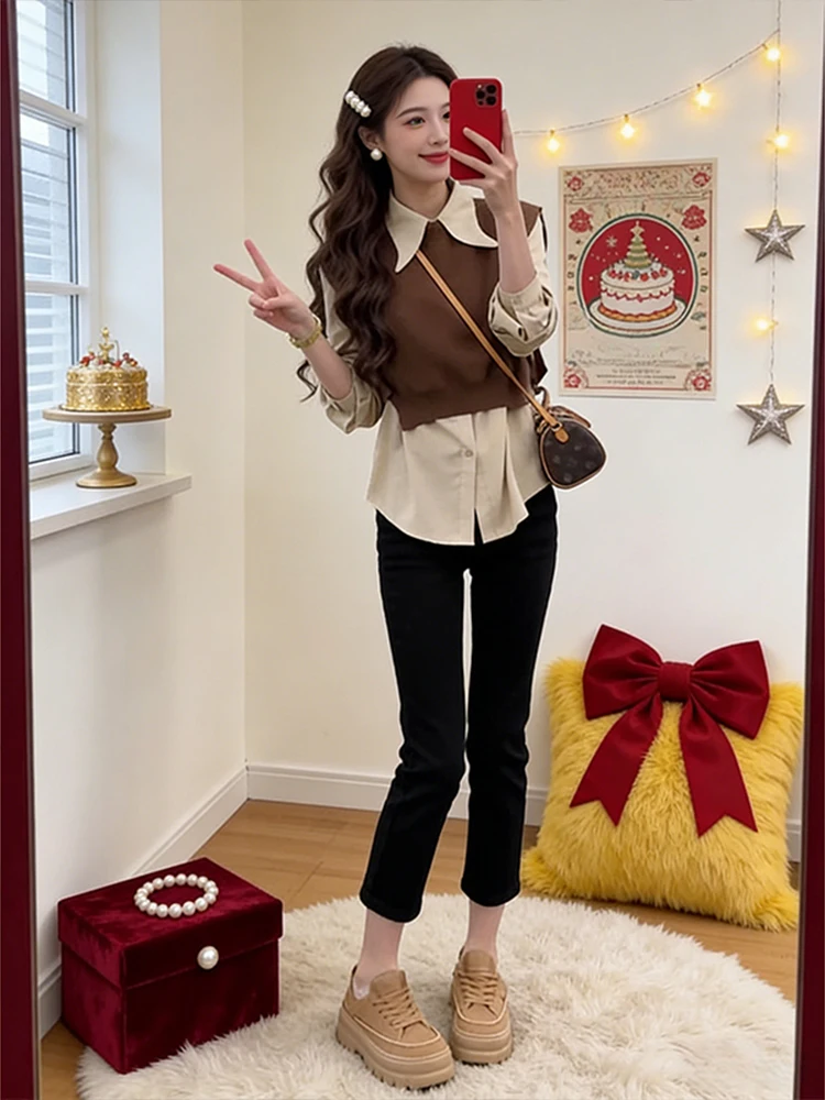 Slimming Effect Korean Retro Style Women's Three-Piece Set Casual Shirt Vest Loose Fit Pants Fashionable Spring Autumn Wear