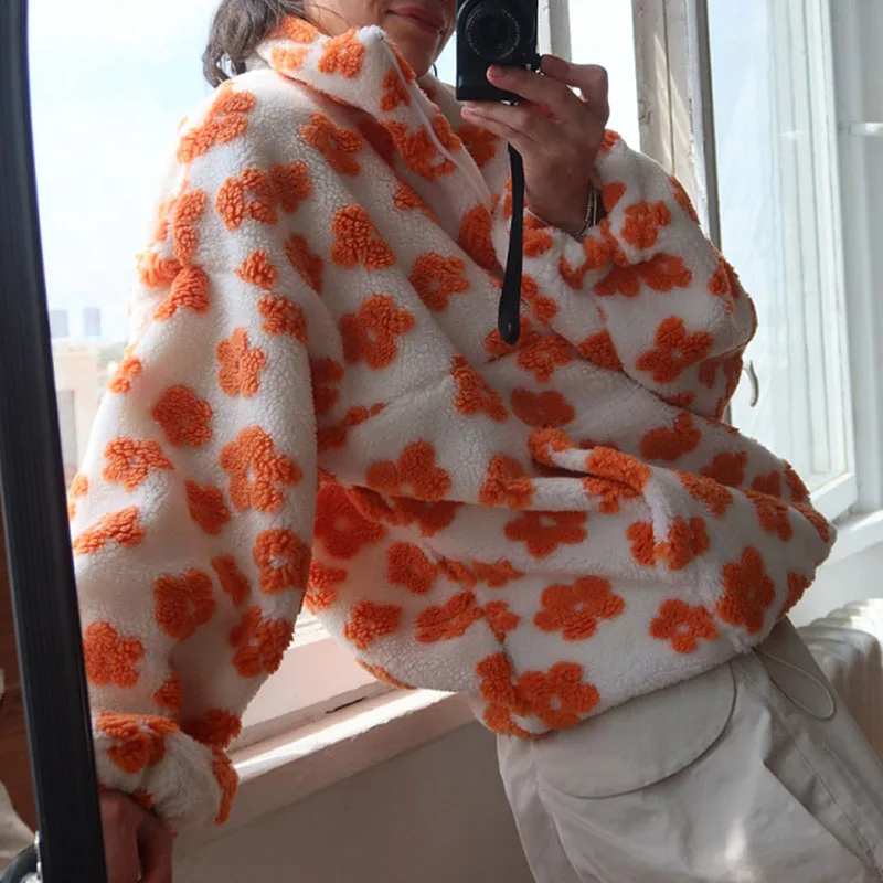 2025 outono inverno manga longa camisola topos lazer floral impresso solto commute pullovers elegante senhora gola com zíper topos