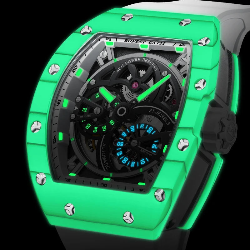 BONEST GATTI Men Automatic Watch Mechanical Carbon Fiber Bezel Tonneau Luminous Case Fluororubber Strap Small Second Dial