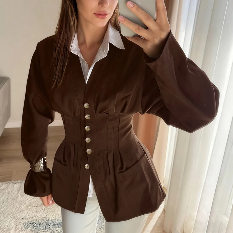 

Элегантные однобортные женские рубашки во французском стиле, женские корсетные блузки, однотонная футболка с v-образным вырезом и карманами, топ с длинными рукавами