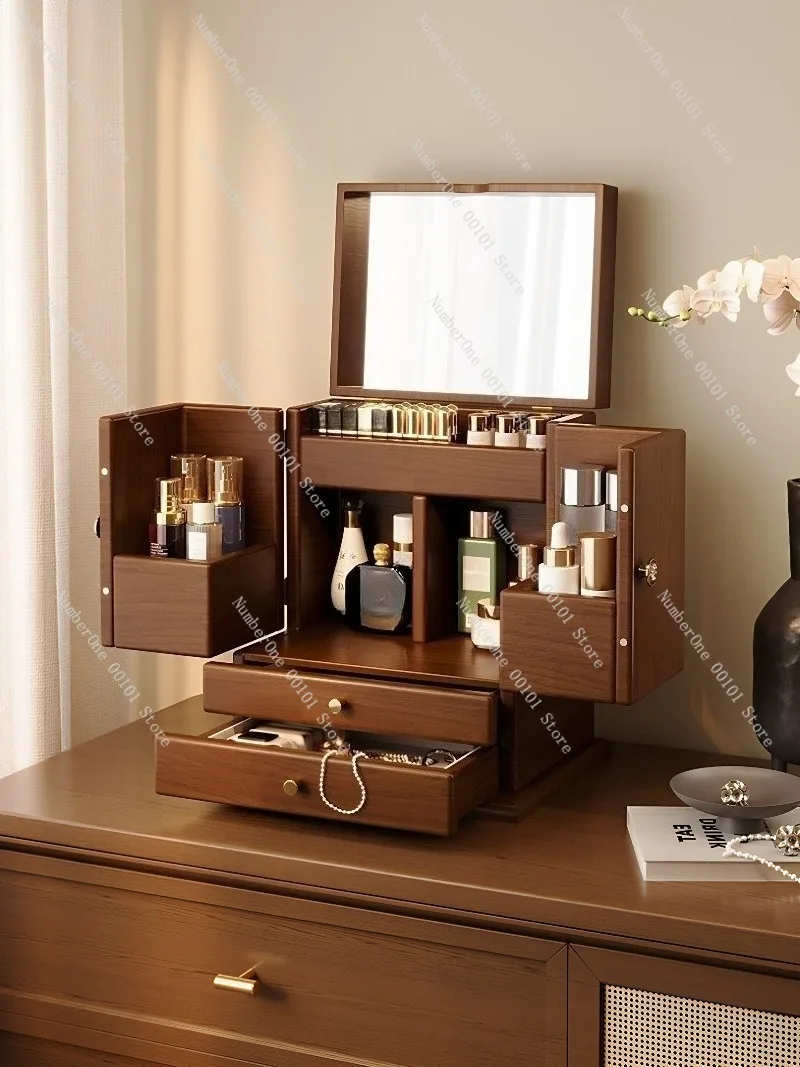 Large Capacity Solid Wood Makeup Organizer Box Desktop Dustproof Skincare Storage Case Jewelry Holder Perfume Display Rack