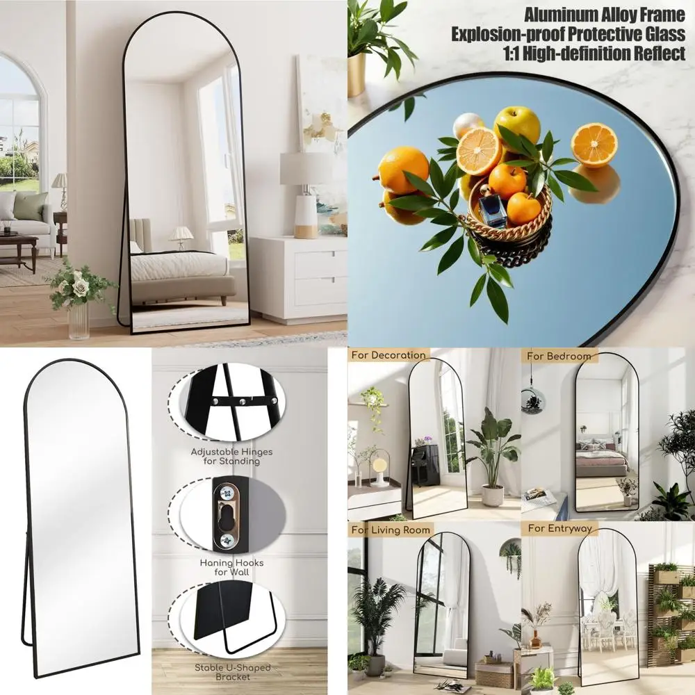 Miroirs muraux à dessus arqué pleine longueur – Miroirs de sol autoportants pour chambre à coucher avec un design en arc élégant