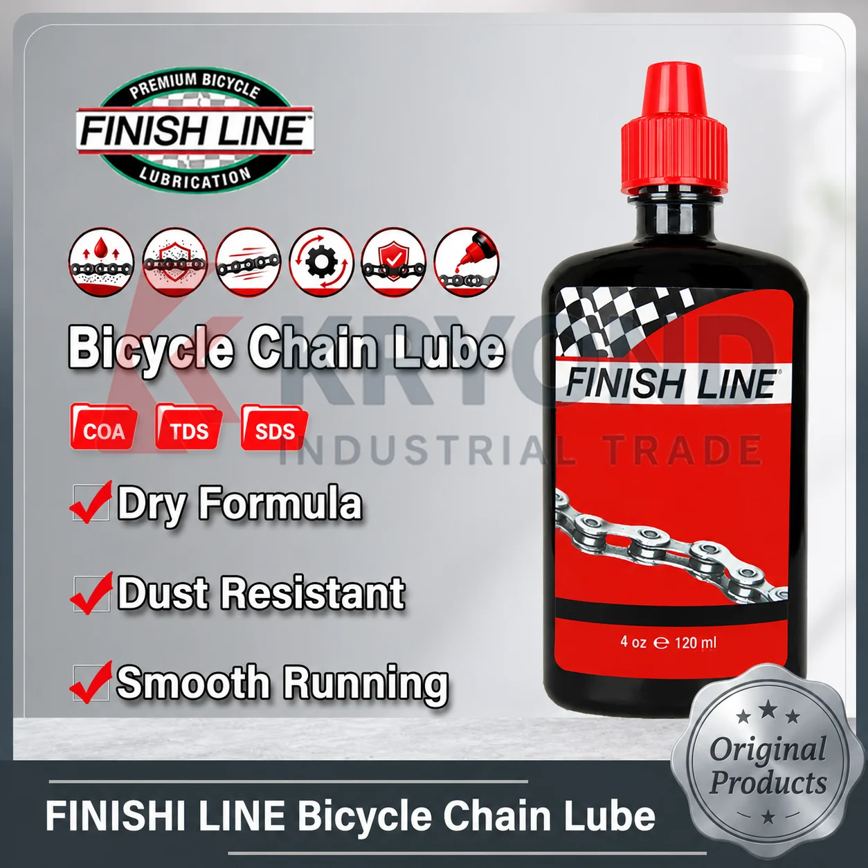 FINISHI LINE Dry PTFE Chain Lube Bicycle Drivetrain Lubricant Anti Dirt Smooth Shift Low Friction Wear Protection Road MTB 120ml