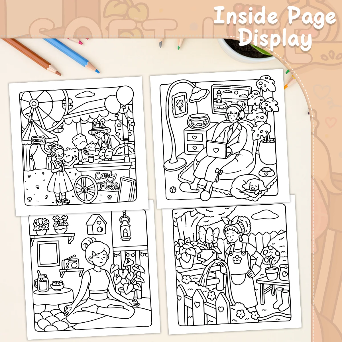 SOFT LIFE CUTE & COMFY Libro da colorare per adulti Simpatici modelli di cartoni animati Libro da disegno Regalo di pittura perfetto per feste e compleanni