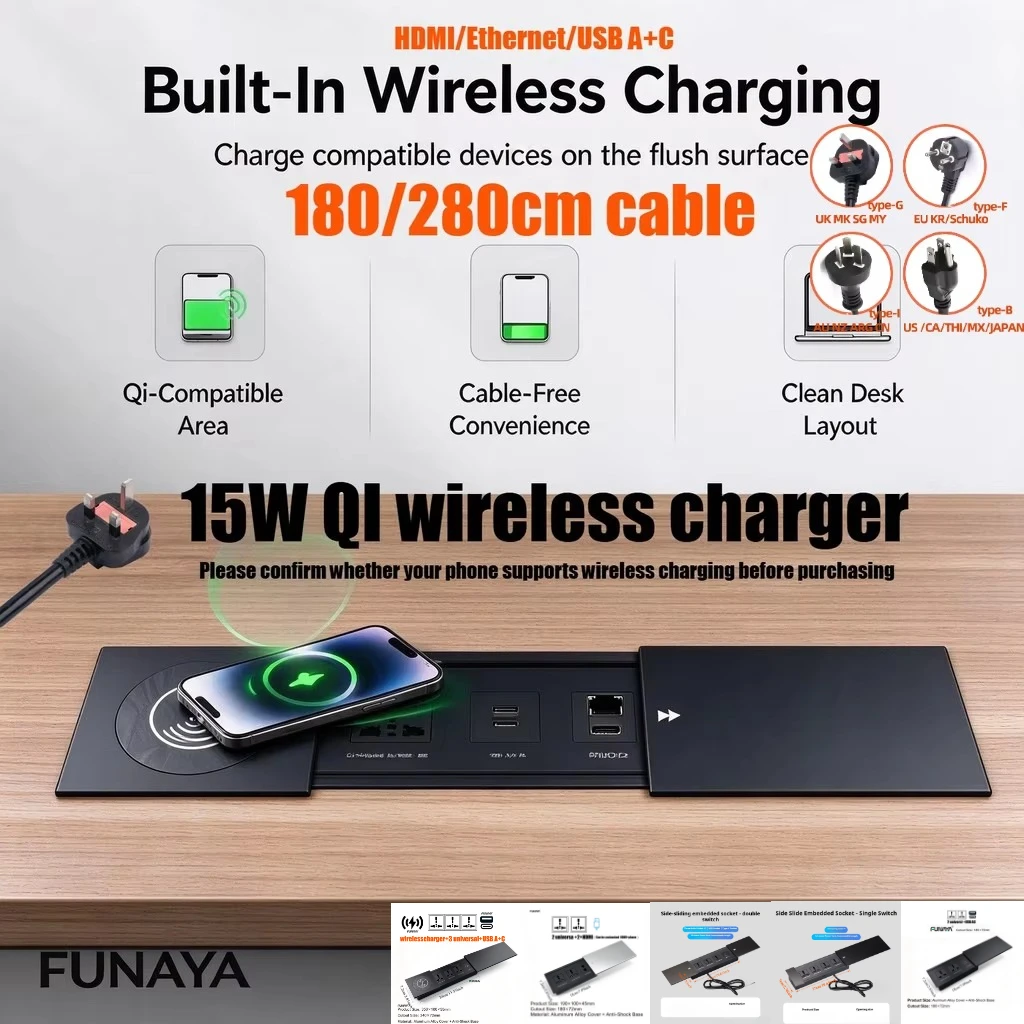 FUNAYA Universal Sliding Desktop Embedded Socket with UK EU US AU Plug Multi Desktop Power Strip Office Hidden Furniture Socket
