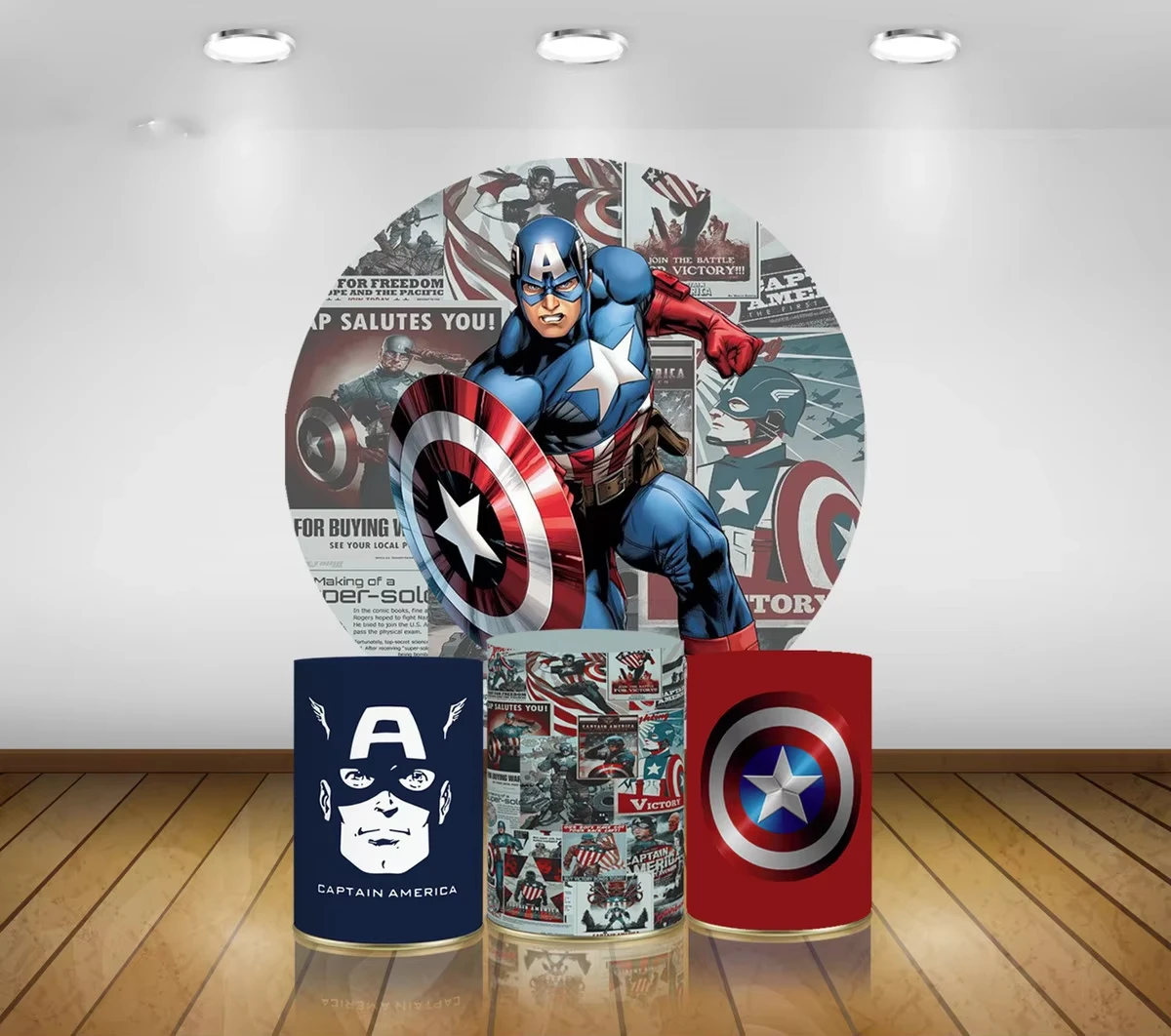 

Captain America Round Background Cloth Marvel Comic Style Shield Cylinder Cover Boy Birthday Party Baby Shower Decoration Props