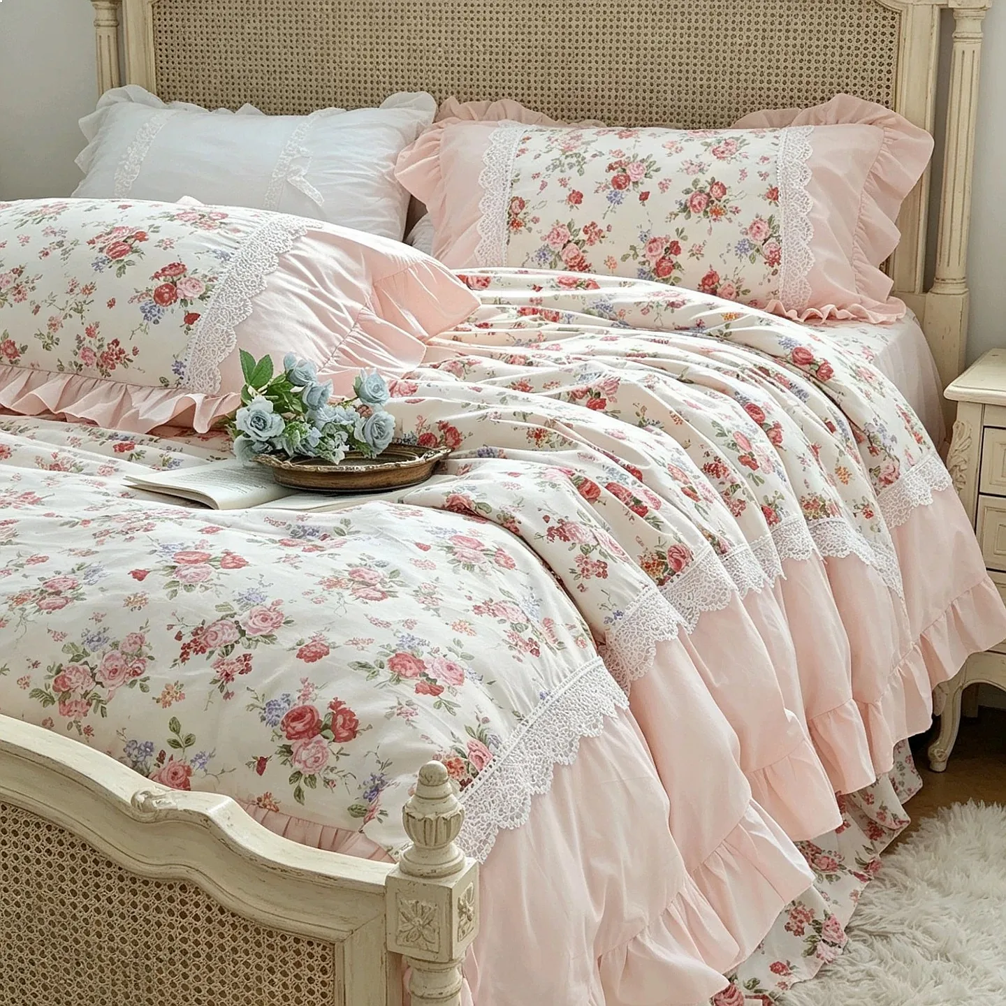 Rose Garden French Korean Princess Vintage Cotton Bed Skirt 4pcs Bedding Set