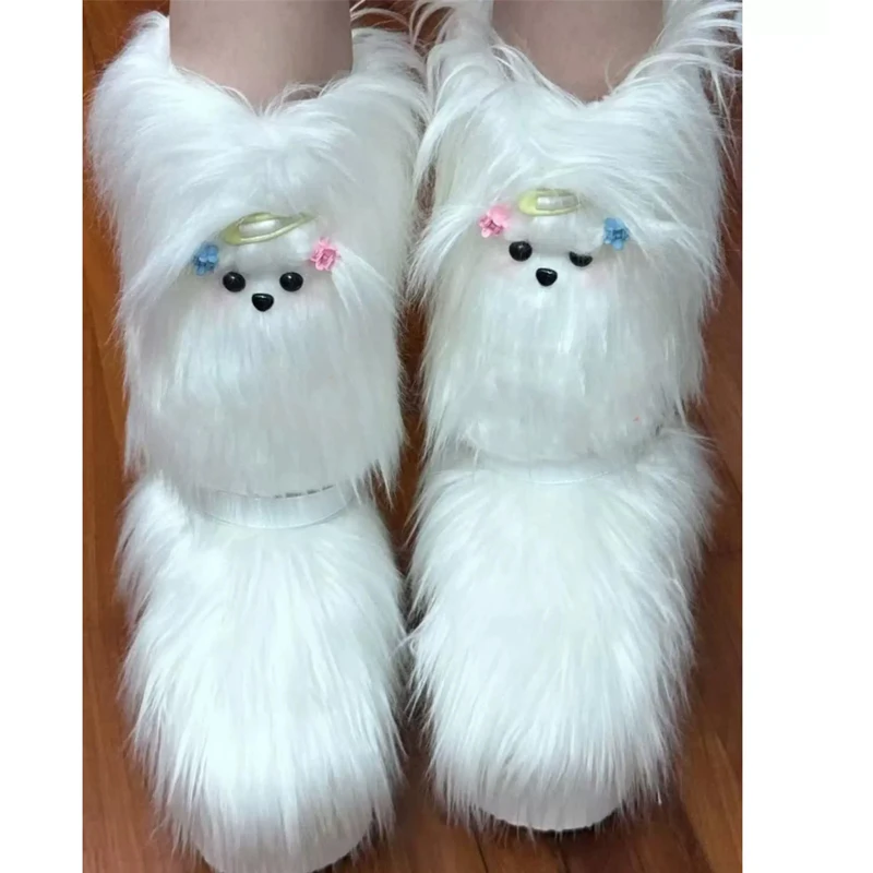 

White Fluffy Platform Mid-Calf Boots Woman Winter 2026 Y2K Kawaii Faux Fur Buckle Strap Goth Punk Cosplay Fashion Shoes