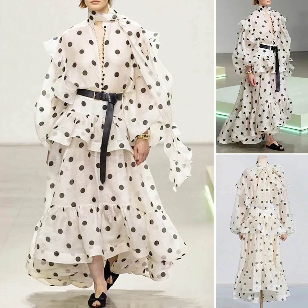 

Mia Muse Boutique Polka Dot Long Sleeve Crew Neck Top Maxi High Waist A-Line Skirts Party Sets Women's Sets 2025 Summer Fashion
