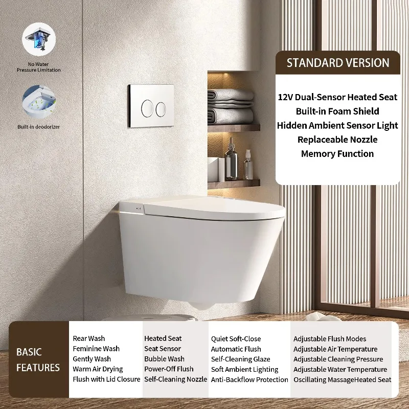 Premium Smart Toilet Wall-Hung with Automatic Lid Opening Sensor Seat Heating Remote Control Integrated Foam Shield No Ring