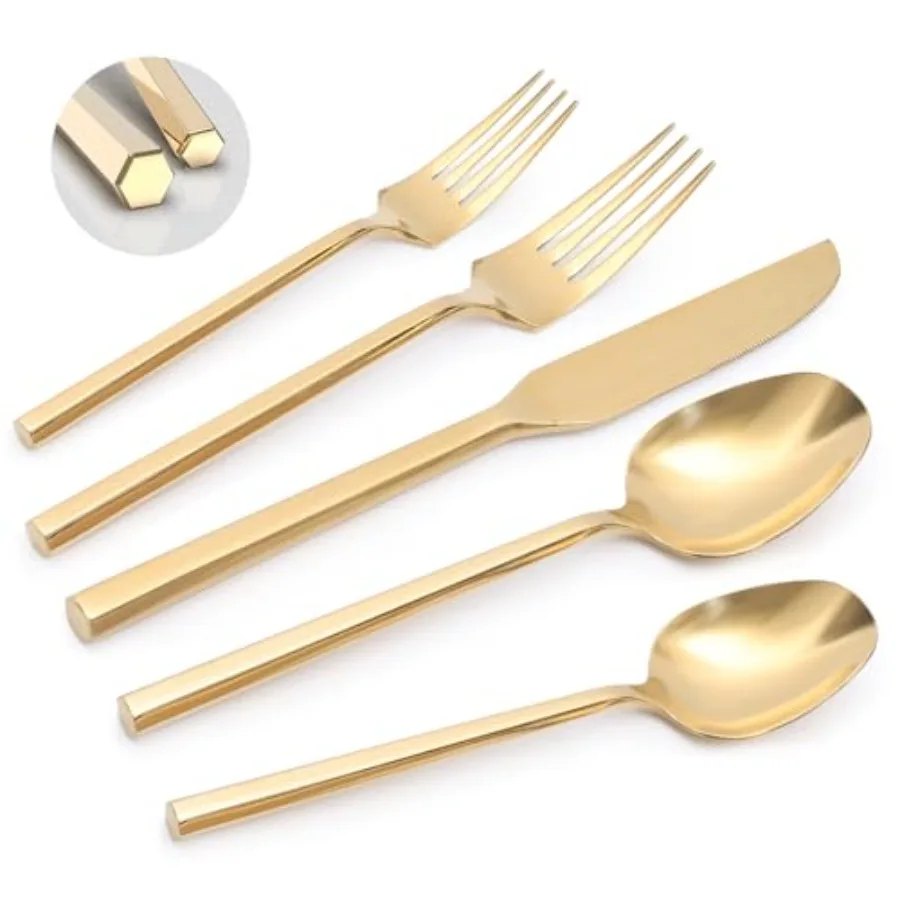 

Gold 20 Piece Stainless Steel Silverware Set Handle Flatware Modern Mirror Finish Cutlery Set Service for 4 Dishwasher Safe