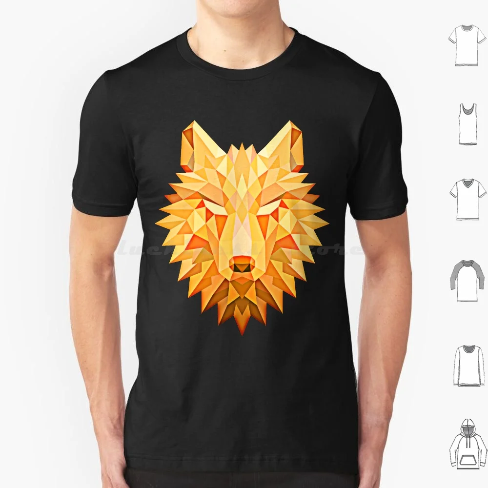 Orange Flame Geometric Wolf Head Design T Shirt 6xl Cotton Cool Tee Geometric Orange Wolf Animal Dog Animals Nature Wolves Wild