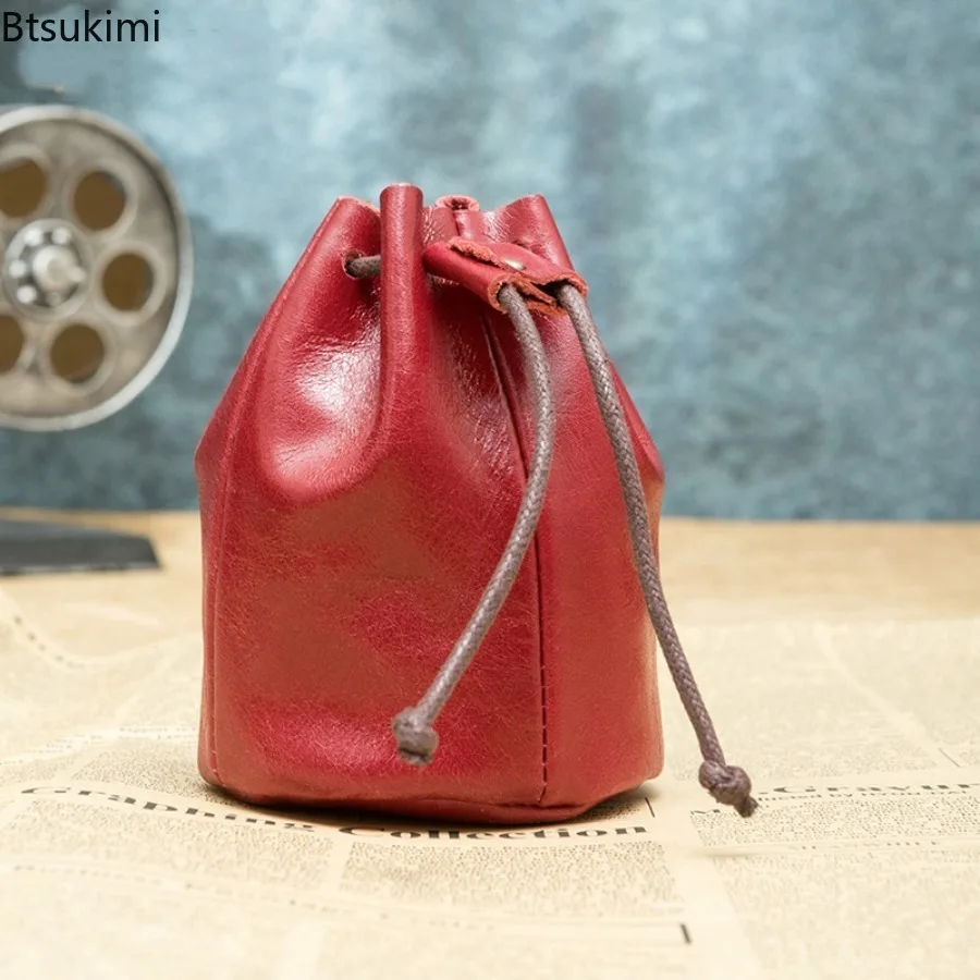 Mini Leather Coin Purses Men Women Vintage Small Coin Wallet Hard Leather Money Pocket Versatile Fashion Drawstring Storage Bags