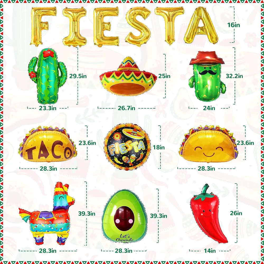 Carnival Party Decoration Set, Big Taco Party Decoration Set - 15 Pack, Fiesta Taco American Camel Cactus Avocado Chili Wide Balloon Suitable for