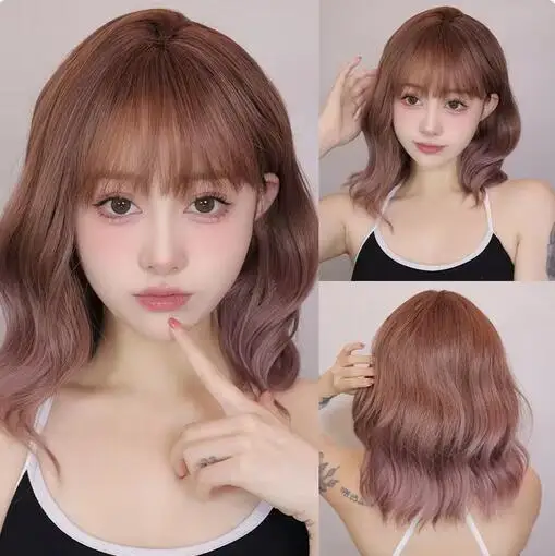 

Short Curly Synthetic Wigs with Bangs Light Pink Brown Lolita Cosplay Wig for Black White Women Daily Party Heat Resistant