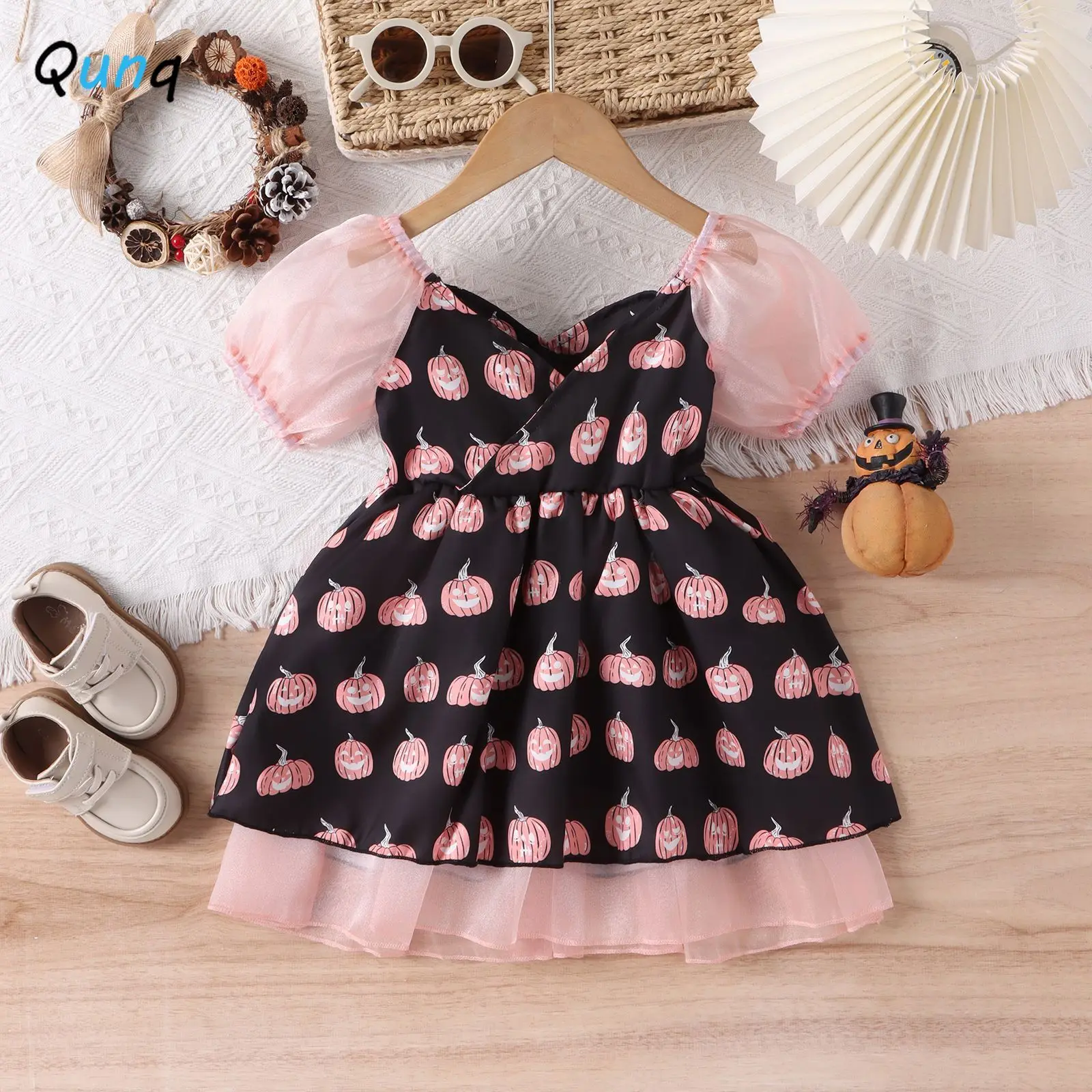 

Qunq 2023 INS New Halloween Costume Girls Mesh Puffed Sleeve Patchwork Print Cute Princess Dress Casual Kids Clothes Age 3T-8T