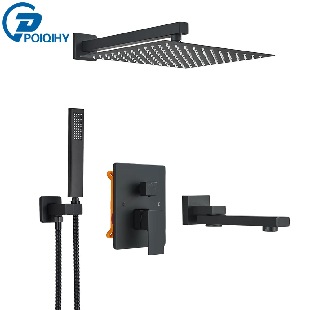 

Matte Black Bath Shower Faucet 3-ways Bathroom Tub Mixer Tap Rotating Spout Concealed Shower Faucet Rainfall Shower Head