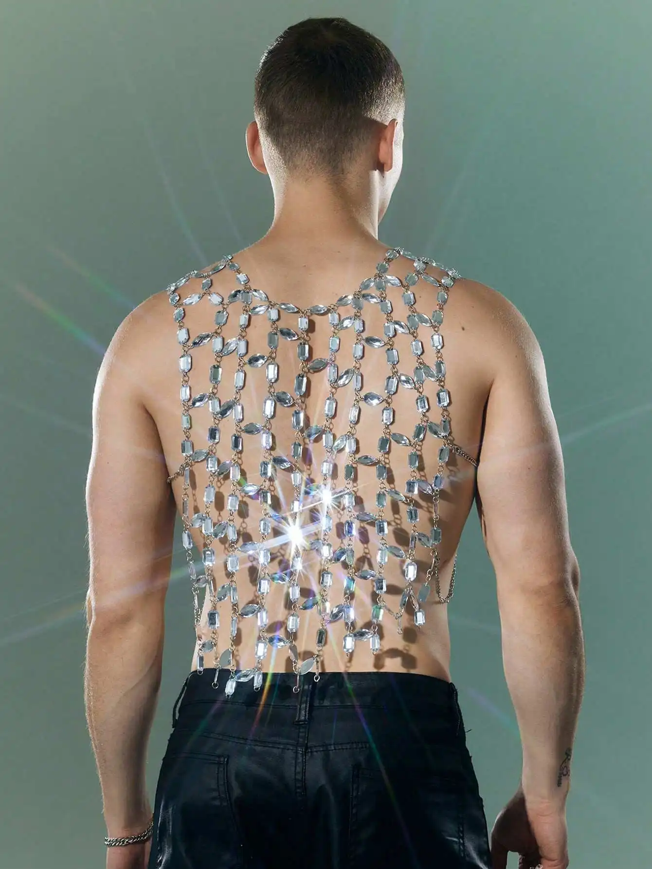 Nuovo Gilet Senza Maniche con Catena di Diamanti Flash, Gilet da Uomo per Performance con Nappe Rettangolari di Diamanti e Strass, Stile Heavy Industry