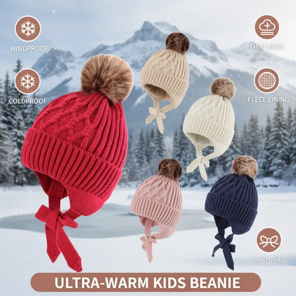 

Cute Windproof Warm Hat with Ties Coldproof Ear Protection Cap Fleece-lined Thickened Toddler Knitted Hat Winter Boys Girls