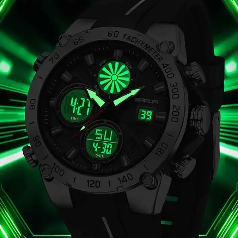 SANDA موضة جديدة للرجال ساعة رياضية عرض مزدوج التناظرية الرقمية مقاوم للماء ساعة LED الإلكترونية مضيئة الرجال كوارتز ساعة اليد