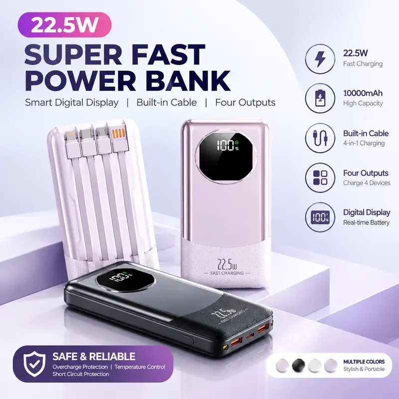 for Cross-border Wholesale Super Fast Charging Power Bank 20000mAh 22.5W with Built-in Cable Mobile Power Supply Gift Print