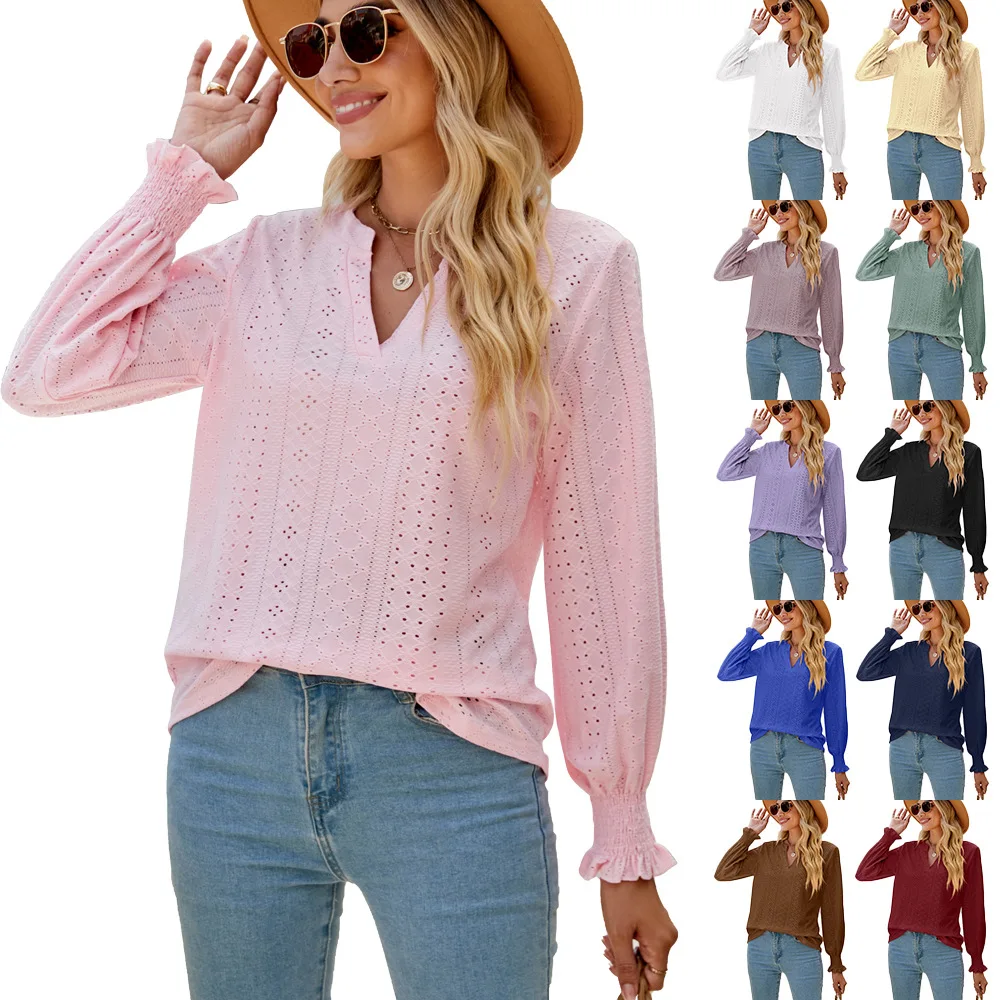 

Casual V-neck Ruffled Sleeve Top, Loose Long-Sleeved Top, Solid Cut-Out