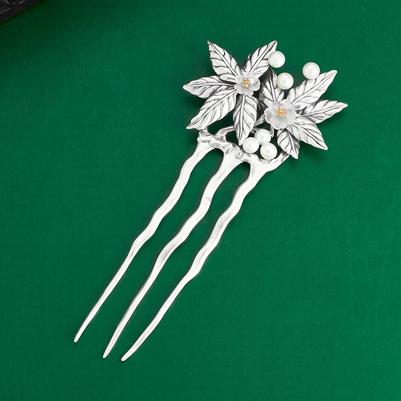 S925 Sterling Silver Hair Sticks for Women Retro Maple Leaves Inlaid Pearl White Crystal Hair Forks Hairpin Jewelry Wholesale