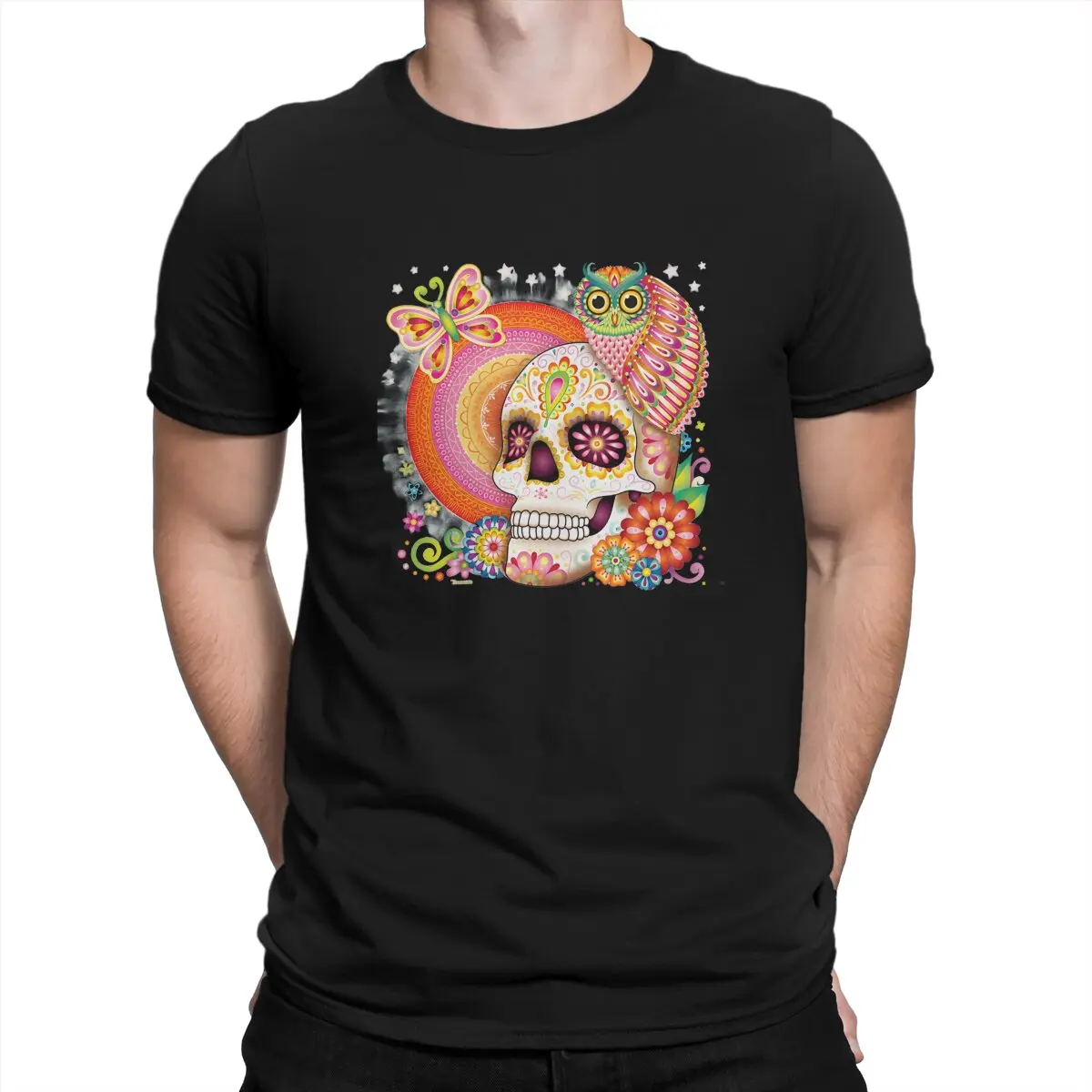 

Flower Skull Polyester TShirts Sugar Skull With Owl Art Personalize Men's T Shirt New Trend Tops