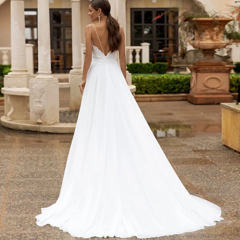 Sexy decote em v a linha vestido de casamento feito sob encomenda para medidas até o chão boho sem mangas rendas apliques cintas de espaguete vestido de noiva