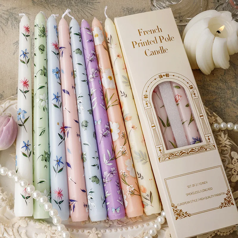 

2PC 25cm Printed Long Pole Candle. European Romantic Candlelight Dinner. Wedding Festival Wedding Home Smoke-free Candle