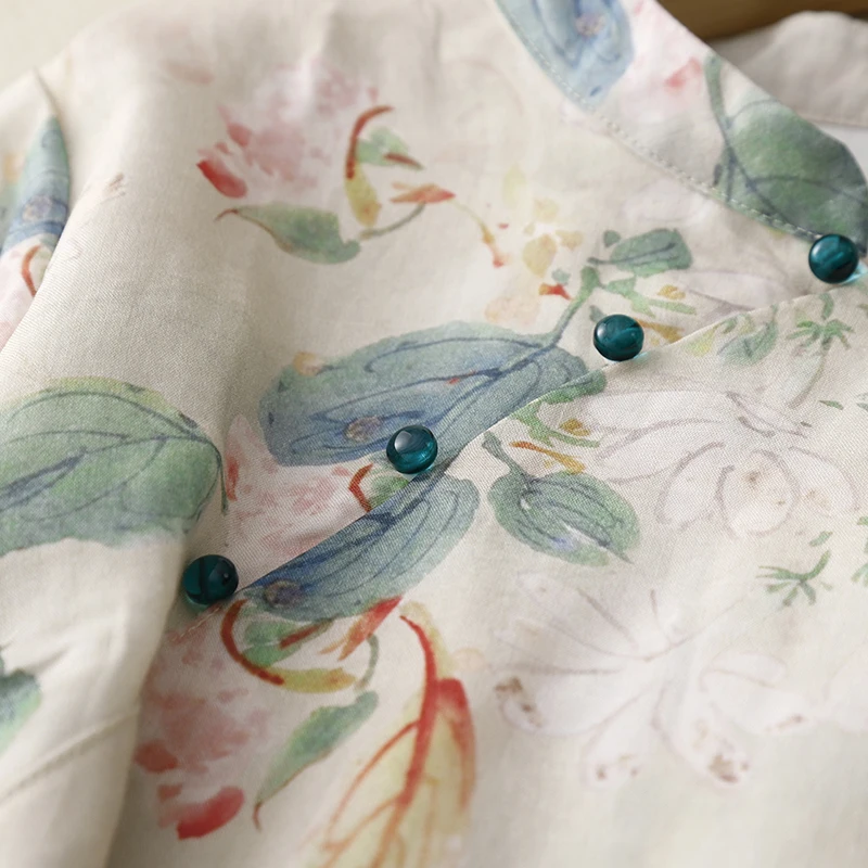 신상 중국 스타일 여성 봄 여름 플로럴 프린트 린넨 칼라 스탠드업 빈티지 티셔츠 스윗 슬레 루즈핏 파이브 스타일