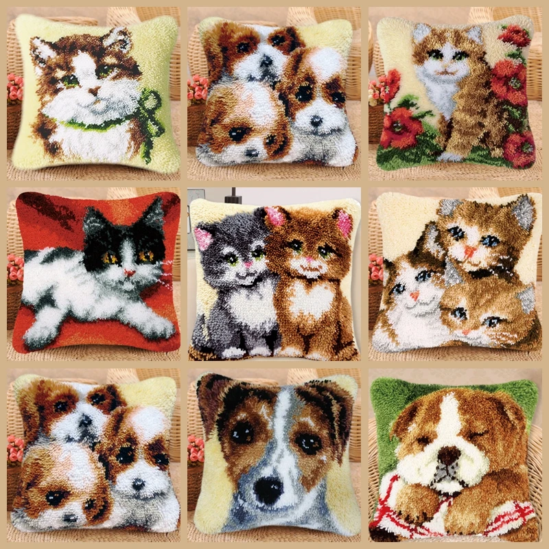 Animals Cat Dog Latch Hook Kit Embroidery Pillow Knotted Stitch Embroidery Kit Hand Hooks Knitted Carpet Latch Hook Rug Kits