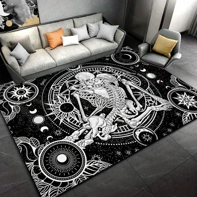 Elegant Skeleton Dance Rug - Gothic Style Home Decor with Astrological Symbols, Black and White Interior Design