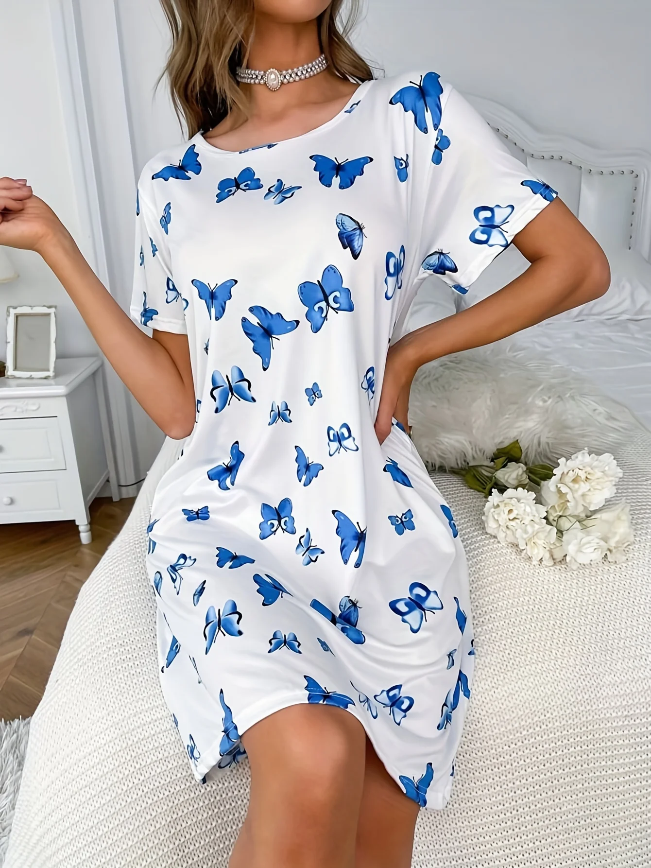 Butterfly Printed Round Neck Dress Spring Summer Casual Short Sleeve Dresses Women\'s Women\'s Home Comfortable Breathable Pajamas