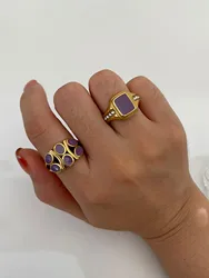 Peri'sbox Anti-Tarnish Fashion Vintage Gold Plated Purple Enamel Rings for Women Stainless Steel Jewelry Inlaid with Rhinestone