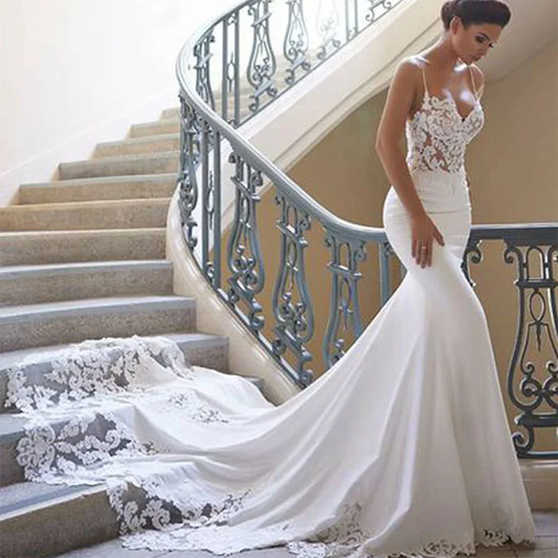 Sexy Mermaid Wedding Dress Spaghetti Strap Sweetheart Bridal Long Gown Applique With Lace Train Robe De Mariée