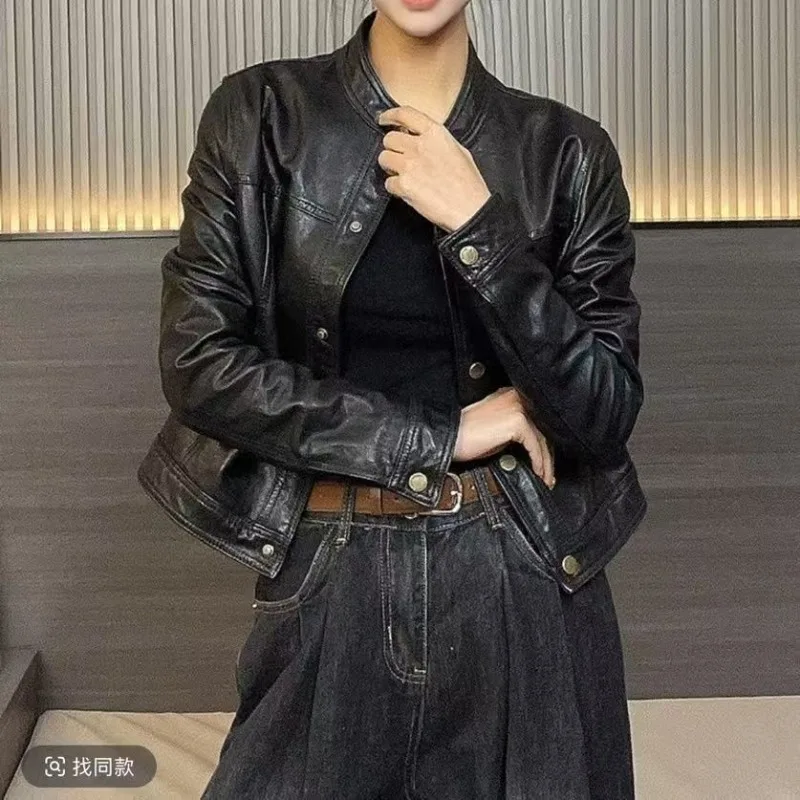 Haining jaqueta de couro feminina casaco curto petite estilo coreano emagrecimento retro gola alta couro primavera e outono novo estilo