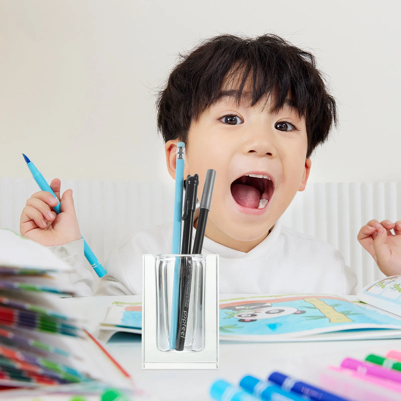 

Crystal Pen Holder Makeup Brush Organizer White Geometric Design Compact Desk Storage for Office Home Vanity Bathroom Essentials
