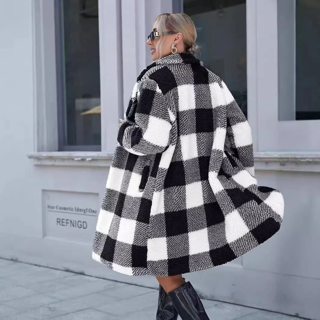 

2025 New Autumn Style Women's Lapel Sleeved Buttonless Plaid Long Loose Casual Jacket Coat