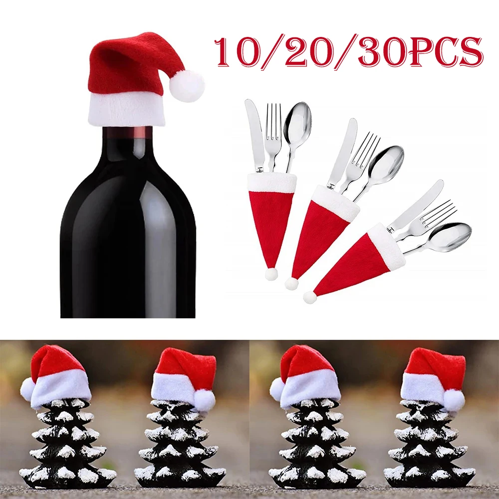 10/20/30pcs Mini Christmas Santa Hats Tableware Knife Fork Wine Bottle Cover Silverware Holder Christmas Party Home Decoration