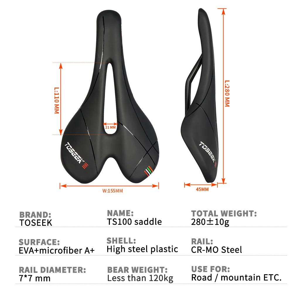 TOSEEK TS100 Plastic/Pvc Bicycle Saddle Breathable Leather Black Mtb Saddle Bicycle Accessories Comfort Type Bike Seat for Men