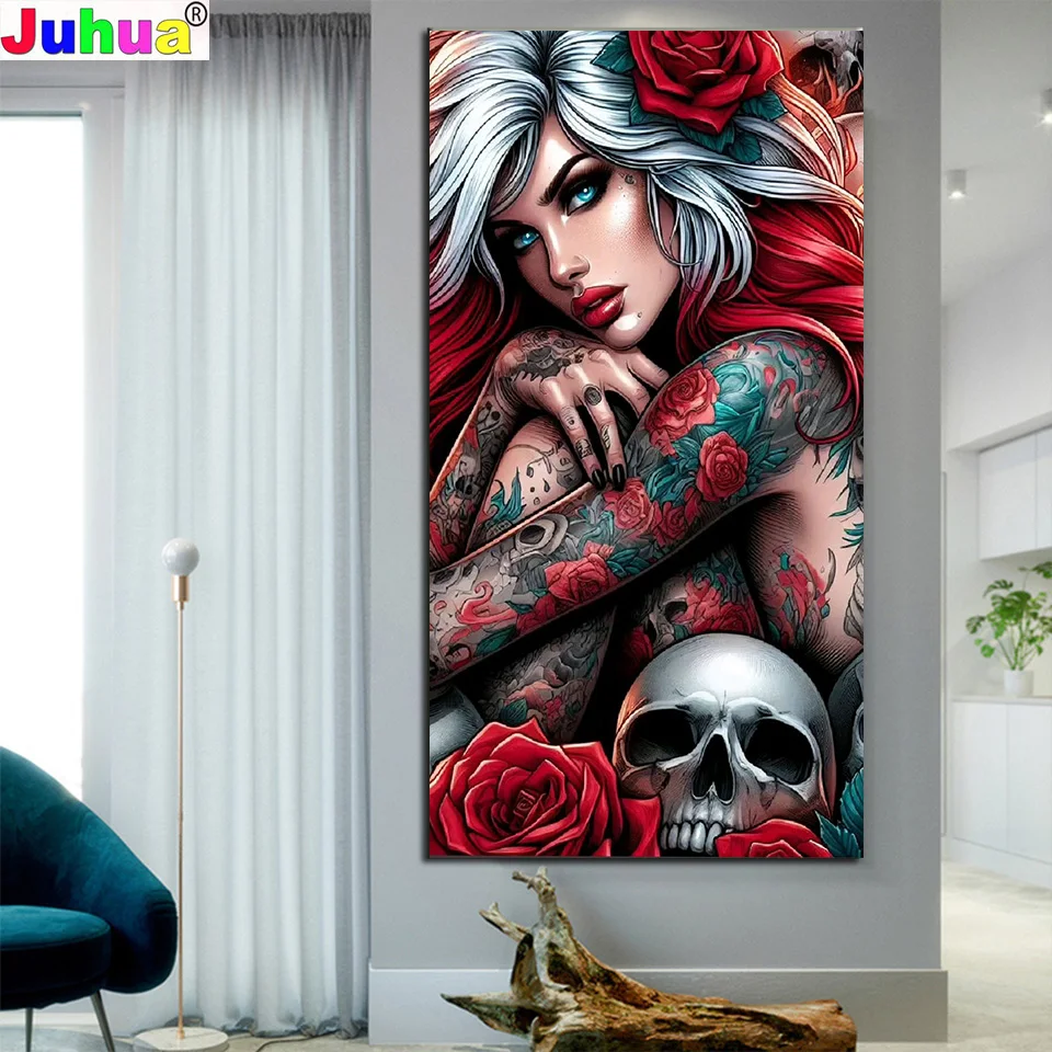 Tattoo Flower Skull Woman Diy Diamond Painting New 2024 Full Diamond Mosaic Embroidery Craft Set Halloween Gift,Home Decor ﻿