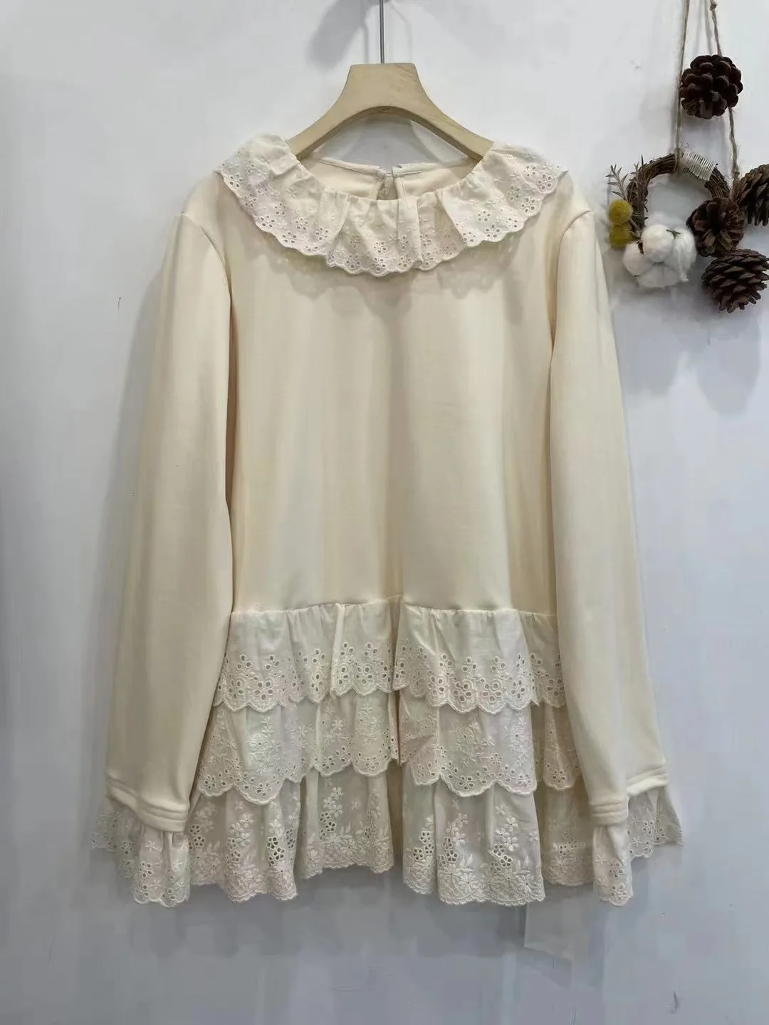2025 Mori Girl-Camiseta básica de retazos con cuello de encaje para mujer, Tops de manga larga de algodón dulce de estilo japonés, ropa bonita