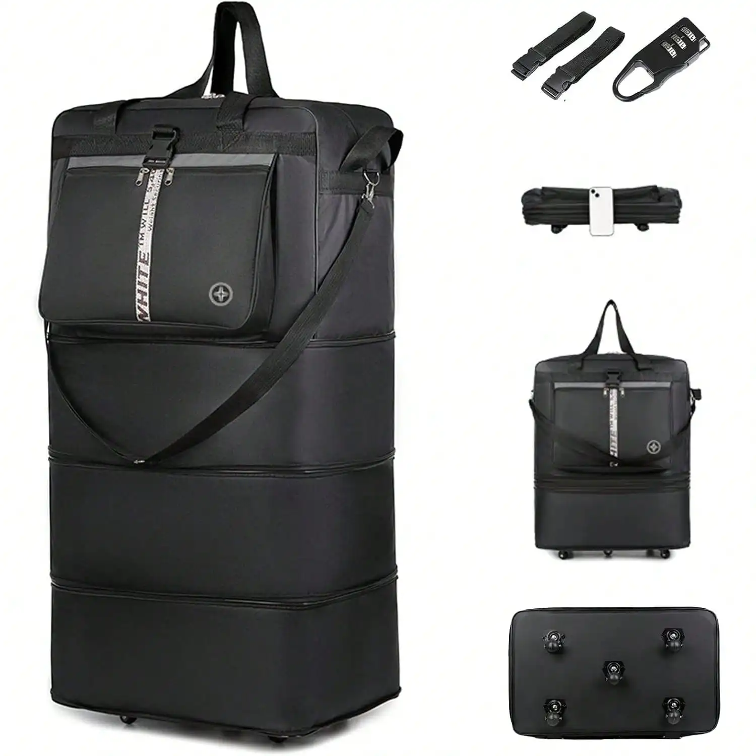 42 Inch Expandable Large Travel Duffel Bag With 5 360° Spinner Wheels & Lock & 2 Straps- Oxford Waterproof Foldable Suitcase Collapsible Luggage