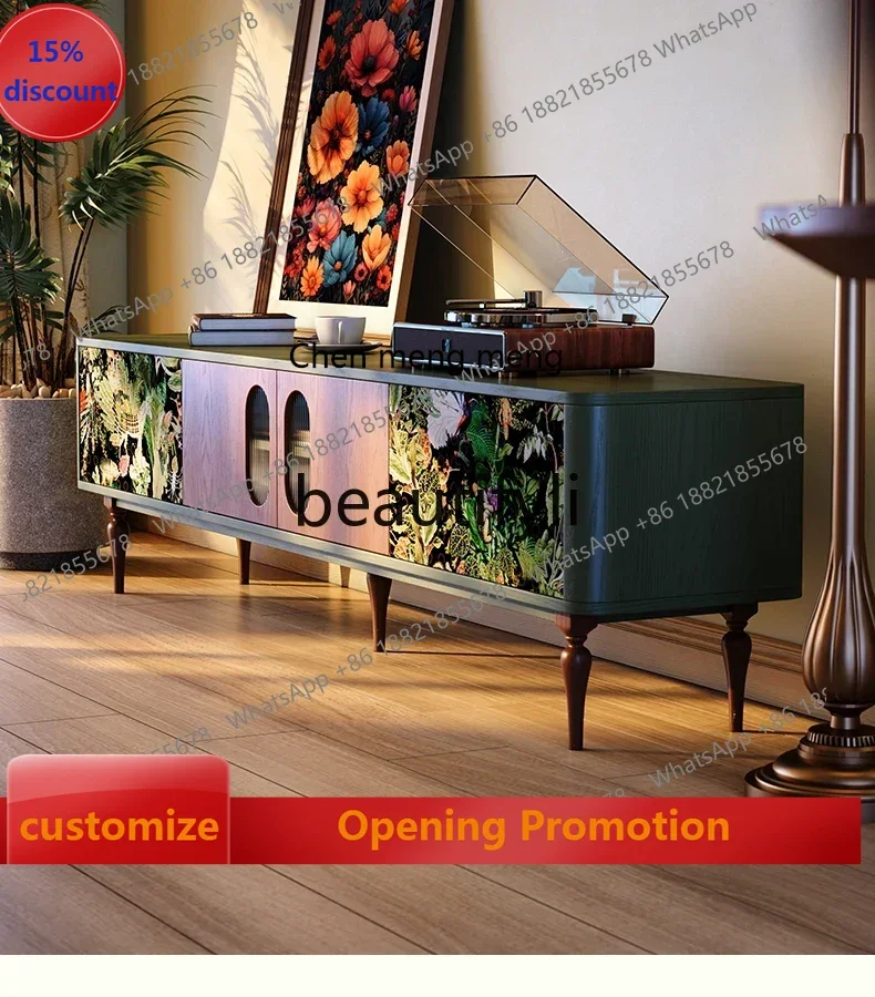S7486teae TV cabinet, living room French retro style solid wood TV cabinet, green floor storage cabinet