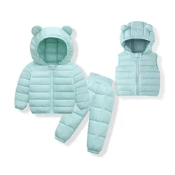 Autumn and winter children's lightweight cotton-padded suit boys and girls cotton-padded jacket+ trousers+ waistcoat 3-piece set